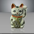 White Lucky Cat With Waving Paw Orange Ears Red Collar Green Decoration And Fortune Sign