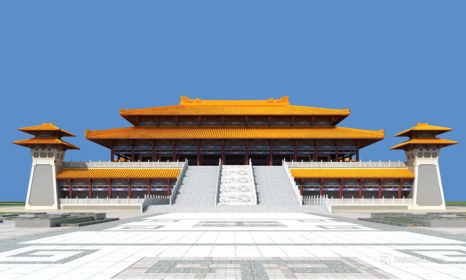 Ancient Chinese Architecture Grand Palace With Yellow Roofs And Stone Steps 3d model 