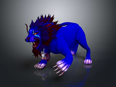 Blue Lion Game Movie Character With Red Mane Red Eyes Open Mouth And Sharp Claws 3d model