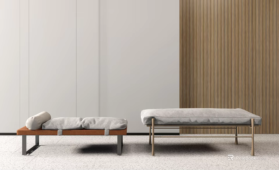 Modern Interior Footstools With Wooden And Metal Frames Light Soft Cushions And Wooden Slat Wall 3d model 
