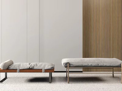 Modern Interior Footstools With Wooden And Metal Frames Light Soft Cushions And Wooden Slat Wall 3d model