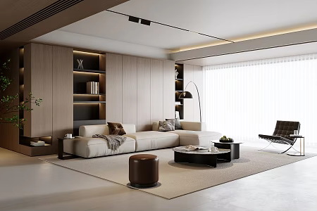 Modern Living Room Sofa Coffee Table Combination No Main Light Living Room Sofa Background Wall Fabric Sofa Leather Sofa Stool Black and White Hanging Painting Ornaments Decorative Cabinet 3d model