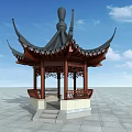 Traditional Chinese Pavilion With Curved Eaves Wooden Structure And Stone Base