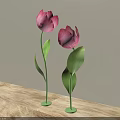 Window Display Decoration With Pink Tulips Green Stems And Wooden Countertop