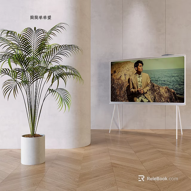 Flat Screen TV in Modern Living Room With Potted Palm Plant 3d model 