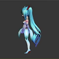 Anime Style Game Movie Character With Long Blue Hair Red Bows White Purple Dress