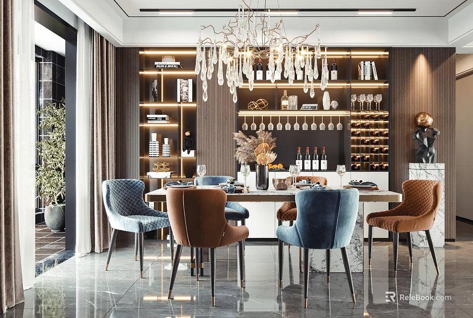 Modern Dining Table Set With Blue And Brown Chairs Chandelier Wine Rack And Display Cabinets 3d model 