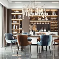 Modern Dining Table Set With Blue And Brown Chairs Chandelier Wine Rack And Display Cabinets