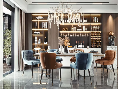 Modern Dining Table Set With Blue And Brown Chairs Chandelier Wine Rack And Display Cabinets 3d model