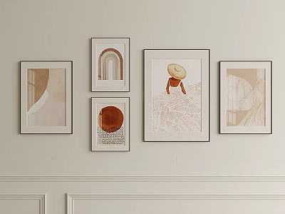 Minimalist Wall With Five Framed Artworks In Various Styles And Beige Brown Tones 3d model