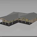 L Shaped Wooden Building With Sloped Metal Roof Supporting Pillars And Large Glass Windows