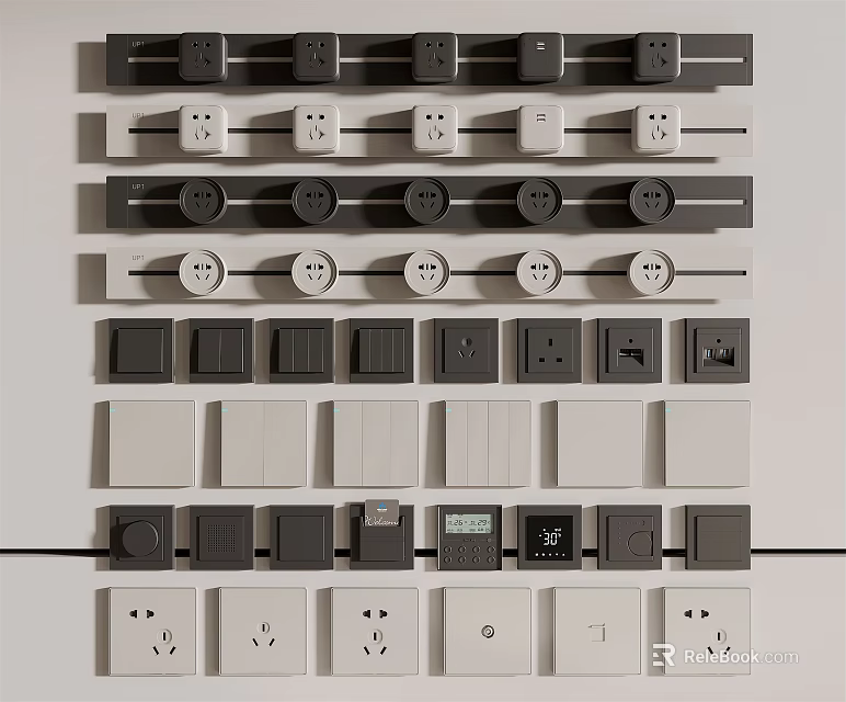 Various Modern Switch Panels With Different Colors And Designs For Home Electrical Use 3d model
