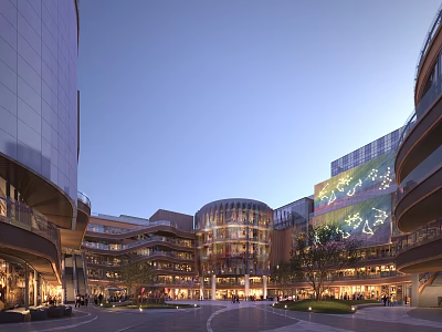 Modern Commercial Street With Multi Floor Buildings Shops Plaza And Pedestrian Walkways 3d model