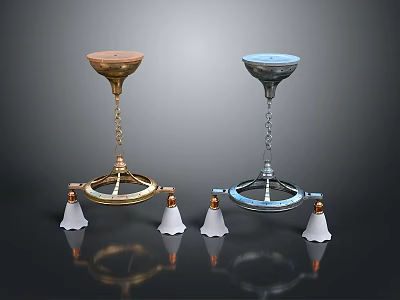 Stylish Gold and Blue Pendant Lighting Combination with Circular Base Chain Small White Lamps 3d model