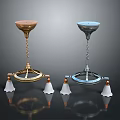 Stylish Gold and Blue Pendant Lighting Combination with Circular Base Chain Small White Lamps