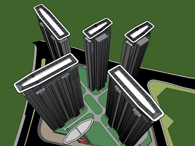 Aerial View Of Modern Urban Architecture With Tall Buildings Roads And Green Spaces 3d model