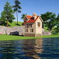 Cartoon House With Red Tiled Roof Chimney Palm Trees Green Lawn And Blue Sky