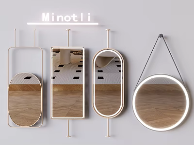 Modern Wall Hanging Mirrors In Oval Rectangular Round Shapes With Metal Frames Reflecting Wooden Floor 3d model