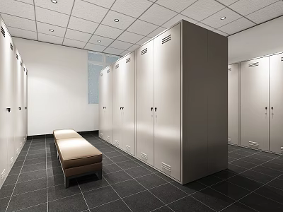 Modern Locker Room With White Lockers Bench And Tile Floor Ceiling Lights 3d model