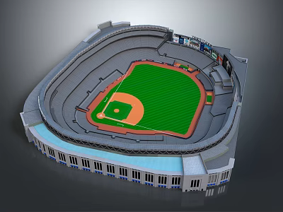 3D Model Of Baseball Stadium Featuring Green Field Gray Stands And Arched Windows 3d model