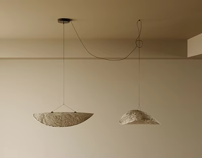 Stylish Irregular Pendant Lights Hanging from Beige Ceiling with Textured Shades 3d model