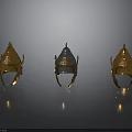 Three Ornate Medieval Helmets With Gold And Blue Metallic Design As Historical Weapons