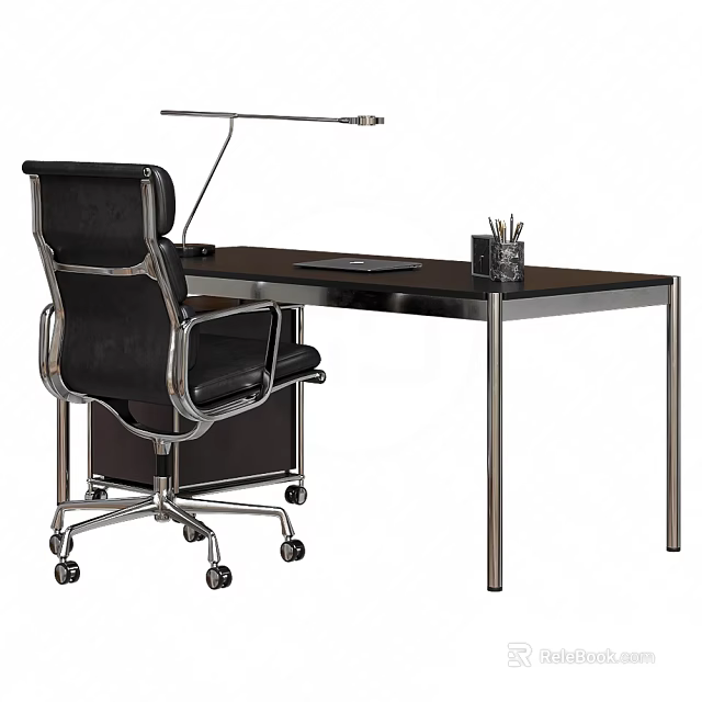 Modern Office Desk with Black Ergonomic Chair Metal Lamp and Pencil Holder 3d model 