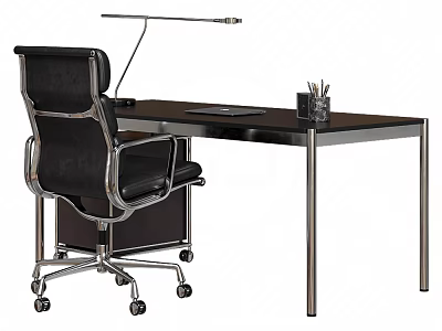 Modern Office Desk with Black Ergonomic Chair Metal Lamp and Pencil Holder 3d model