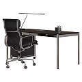 Modern Office Desk with Black Ergonomic Chair Metal Lamp and Pencil Holder