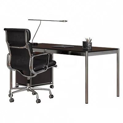 Modern Office Desk with Black Ergonomic Chair Metal Lamp and Pencil Holder 3d model