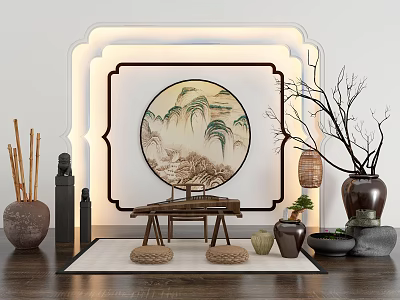 Chinese Musical Instruments and Painting Tools in Traditional Decor with Circular Landscape Painting and Lanterns 3d model