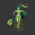 3D Game Movie Character With Green Long Hair And Plant Leaf Decorations
