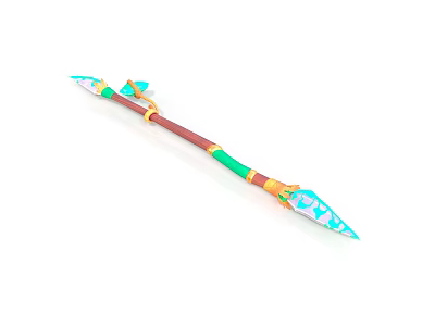 Decorative Long Staff Weapon With Brown Handle Green Accents Blue Tip And Golden Details 3d model