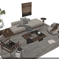 Beige Fabric Sofa And Wooden Coffee Table Set With Area Rug Wall Art And Decorative Plants