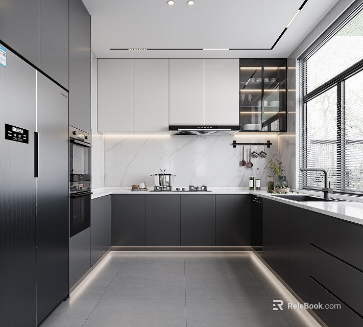 Modern Kitchen Interior With Dark Gray White Cabinets Marble Countertop And Appliances 3d model 