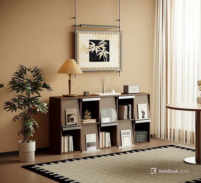 Cozy Interior With Bookshelf Books Photo Frames Table Lamp Green Plant Bamboo Art Curtains Rug 3d model 