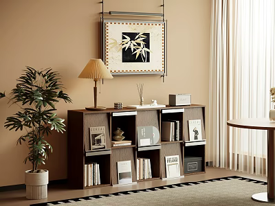 Cozy Interior With Bookshelf Books Photo Frames Table Lamp Green Plant Bamboo Art Curtains Rug 3d model