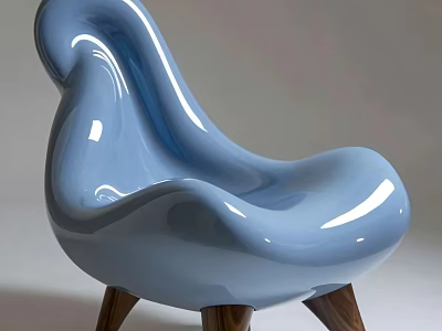 Modern Blue Accent Chair With Curved Sleek Design And Wooden Legs 3d model