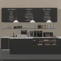 Modern Bar Counter With Black Menu Boards Coffee Machines Pastry Display And Pendant Lights