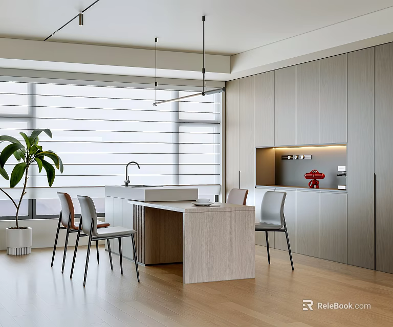 Modern Restaurant Interior With Light Gray Cabinets Island Counter Chairs Large Windows Blinds Potted Plant 3d model 