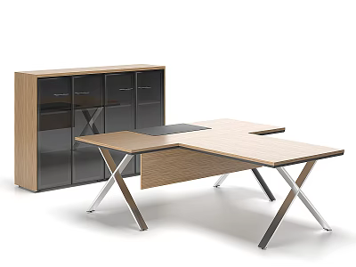Modern Office Desk with Wooden Top Metal Legs and Glass Door Storage Cabinet 3d model