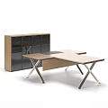 Modern Office Desk with Wooden Top Metal Legs and Glass Door Storage Cabinet