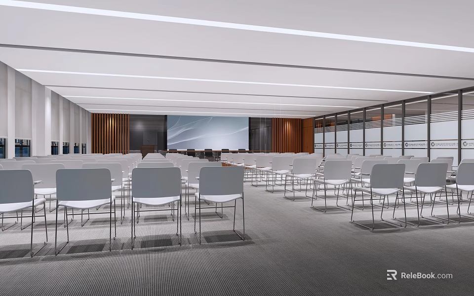 Modern Meeting Room Interior With White Chairs And Large Screen Design 3d model 
