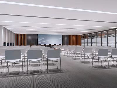 Modern Meeting Room Interior With White Chairs And Large Screen Design 3d model