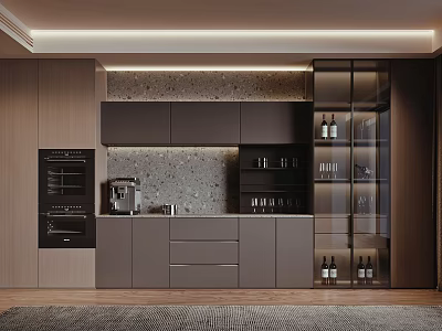 Modern Gray Sideboard Cabinet With Glass Doors Wine Bottles And Glasses 3d model