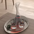 Stylish Wine Decanter And Glasses On Metal Tray Over Wooden Tabletop With Red Wine