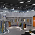 Modern Clothing Store Interior With Displayed Clothes Orange Doors Checkout Counter And Display Racks