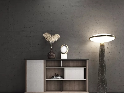 Modern Tea Cabinet With Wooden Gray Shelves And Dried Flowers Floor Lamp Near Gray Wall 3d model