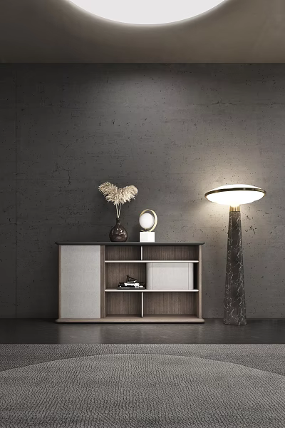 Modern Tea Cabinet With Wooden Gray Shelves And Dried Flowers Floor Lamp Near Gray Wall 3d model