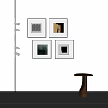 Four Abstract Paintings In Black Frames On White Wall With Wall Lamp And Small Table 3d model